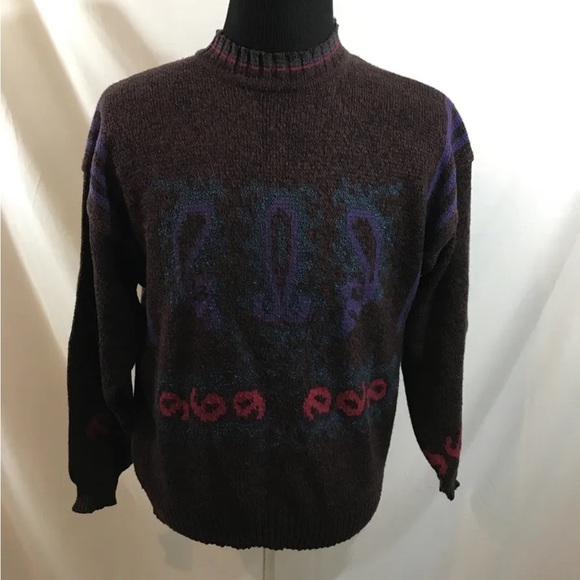 Vtg Adam Sloane Burgundy Crewneck Sweater, Multicolored Design - Men’s Large - Picture 1 of 3